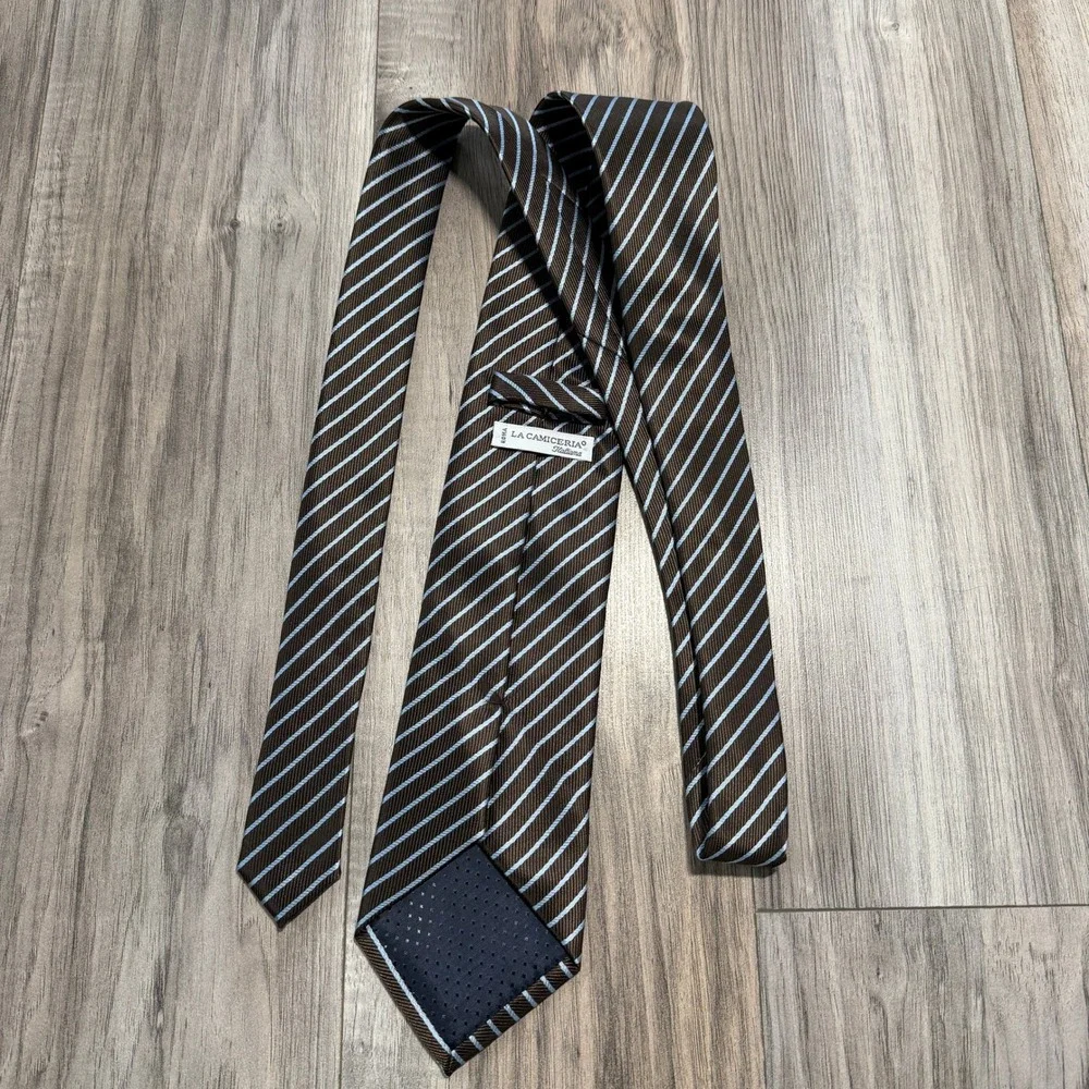 La Camiceria Italiana 100% Silk Tie Brown Blue Striped Made In Italy‎